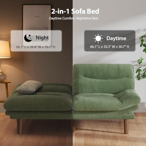 Pipishell 75" Futon Sofa Bed, Convertible Corduroy Space-Saver Couch with Adjustable Back & Armrests, Recliner Sleeper for Small Apartments, Office, Guest Room (Green) | Space-saver