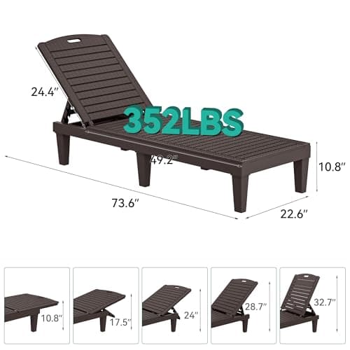 YITAHOME Outdoor Chaise Lounge Chair, Plastic Pool Chaise Lounge with 5-Position Backrest, Easy Assembly & Waterproof for Patio & Poolside, Set of 2, Brown