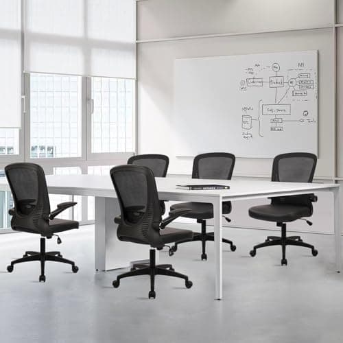 CLATINA Desk Chairs with PU Leather Seat, Flip Up Arms Ergonomic Mesh Back Office Chair with Lumbar Support, Adjustable Height Swivel Rolling Computer Chairs for Home Conference Meeting, Black, 8 Pack