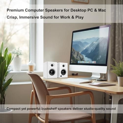 Computer Speakers for Desktop PC, 60W Bluetooth 5.3 Stereo 2.0 System with Bass, Compact Powered Bookshelf Speakers for Office, Monitors, Laptop, Gaming, TV, Gifts (White, Pair)