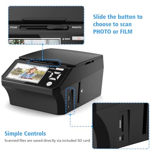 Film & Photo Scanner with 5" LCD Screen, Converts Photo, 135/110 Film Negatives & Slides, Business Card to 22MP Digital Photos, 8GB SD Card Included