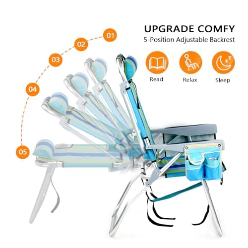 VINGLI Tall Beach Chair 2 Pack Lightweight, Backpack Beach Chair for Adults with 5-Position, Cooler Bag, Cup Holders, Towel Bar, Lightweight Folding Beach Camping Chairs (Blue/Green-16
