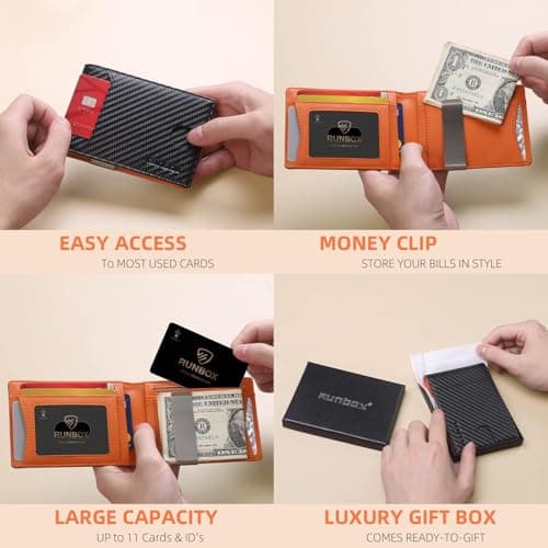 RUNBOX Slim Wallets for Men - Leather Money Clip Mens Wallet - RFID Blocking Front Pocket Bifold Wallet - Thin Credit Card Holder with Gift Box