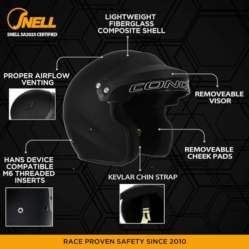 Conquer Snell SA2025 Approved Open Face Auto Racing Race Car Helmet - Adult | Men | Women | Youth - ( Black / White / Silver )