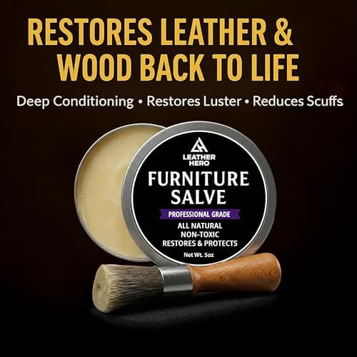 3-in-1 Furniture Salve for Leather & Wood – Polisher, Conditioner, & Restorer for Couches and Furniture- Leather Repair Salve with Brush & Buffing Pad- 5oz