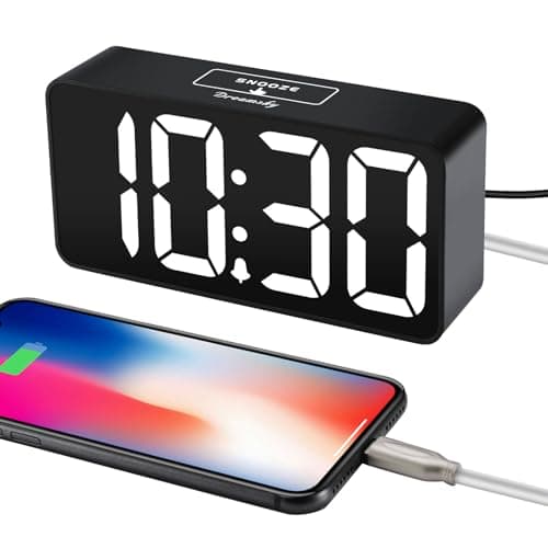 DreamSky Small Digital Alarm Clock for Bederoom, Large Big Numbers Display with Dimmer for Living Room, Electric Bedside Desk Clock with USB Charging Port, Adjustable Volume, USB-C Adapter Powered