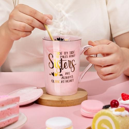 14oz Pink Marble Coffee Mug with Gold Print, Lid, Spoon, Greeting Card and Elegant Gift Box, Present for Big Sister Sister Birthday Gifts for Sister from Brother Sisters, 14oz Sisters Mug B0855VHN6G