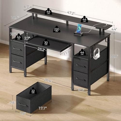 Seventable Computer Desk 47.2" with LED Lights & Power Outlets, Home Office Desk with 4 Drawers, Writing Desk with Keyboard Tray, Study Table with Monitor Stand, Work Desks for Home Office, Black