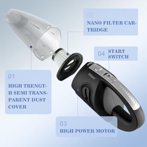 Hiluce Car Vacuum Portable Cordless, Handheld Vacuum Cleaner High Power for Wet and Dry, USB Rechargeable Lightweight Cordless Vacuum, 0.45L Capacity Storage Bag,for Car/Stairs/Pet Hair(Black Silver)