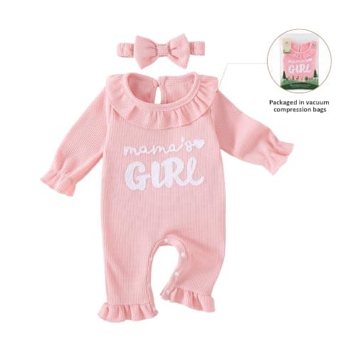 Soft waffle knit romper with ruffle trim, snap closure and matching bow headband QITUDATEY Baby Girl Waffle Knit Romper with Headband, Ruffle Jumpsuit B0HCKVJZZB