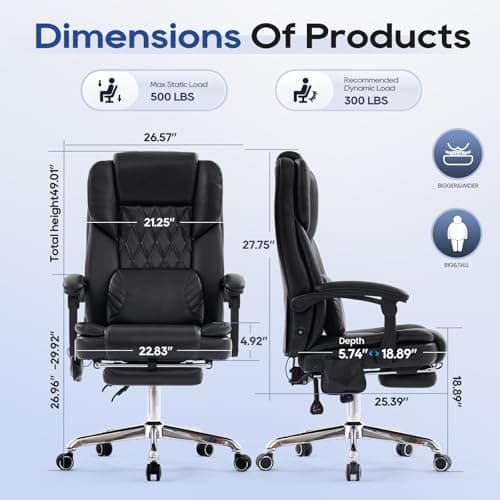 500LBS Massage Office Chair with Foot Rest, 3D Kneading Massage Home Office Desk Chairs, 22.83” Wide Big and Tall Office Chair for Heavy People, Ergonomic Reclining Gaming Chairs, Black