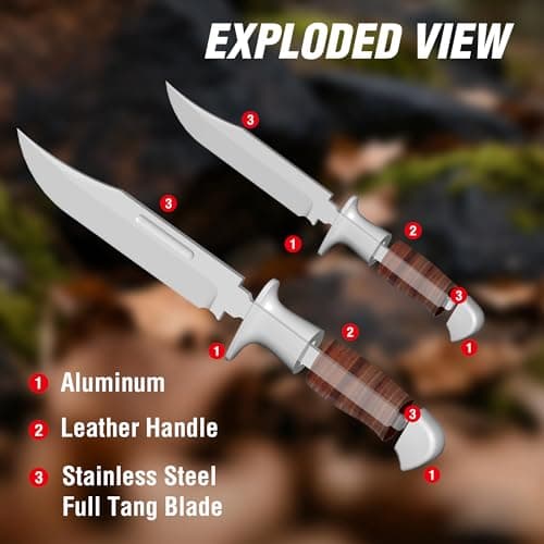 Mossy Oak Fixed Blade Bowie Knife, 2-piece Hunting Knife with Leather Handle Featuring Laser Pattern, Sheath Included
