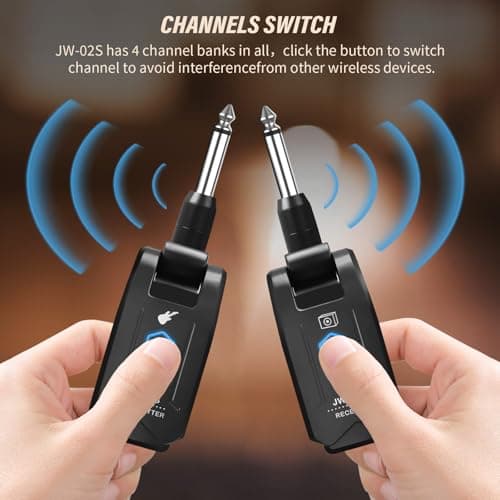 JOYO 5.8GHz Wireless Guitar System Wireless Guitar Transmitter Receiver Rechargeable Audio with 4 Signal Channels for Electric Guitar Bass 20M (JW-02S)