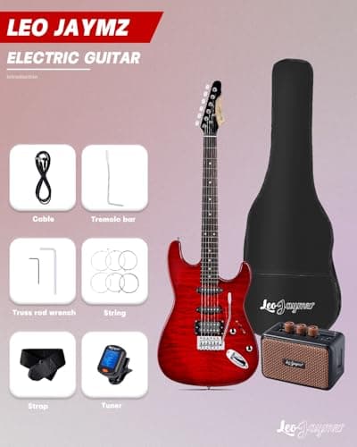 Leo Jaymz 39" Full Size ST Style Electric Guitar Starter Kit with SSH Pickup, 5W Portable Amp, Tuner, Gig Bag, Strap & Accessories (Red Ocean 5W)