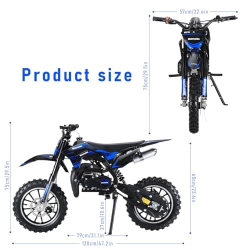 50CC Dirt Bike, 2-Stroke Kids Dirt Bike with 10-Inch Off-Rode Tire, Mini Bike with Front and Rear Disc Brake, Up to 25 Mph, Mini Bikes for Kids 8-14 Weight Support Up to 330 LBS Blue
