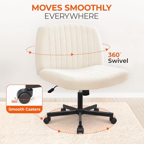 Orange Factory Criss Cross Chair Wheels Wide Cross Legged Office Desk Vanity Chair Comfy Fabric Armless Adjustable Swivel for Home Computer Task (Beige Wheel, Fabric)
