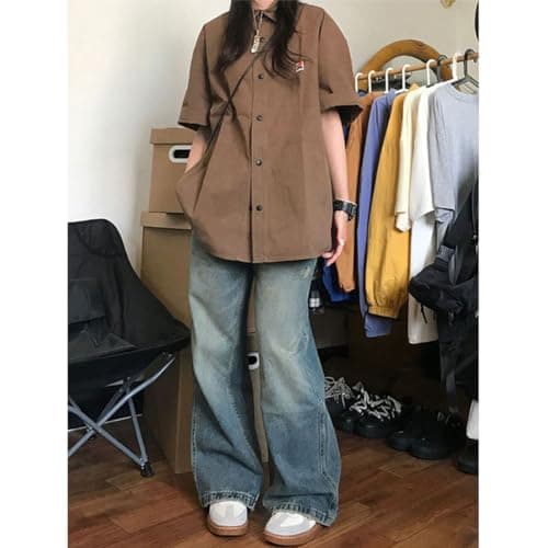 UICIOP Korean Version Women's Shirt Retro Lapel Button up Shirt Women's Summer Loose Casual Short Sleeved top