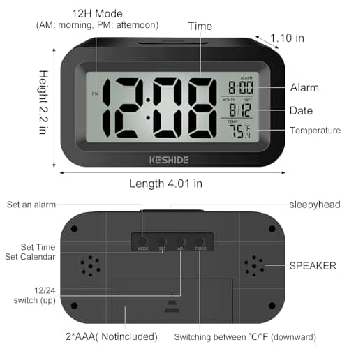 KESHIDE Travel Digital Alarm Clock, Battery Operated with Indoor Temperature, Desk Small Clock,Snooze Model,12/24H Display for Bedrooms Heavy Sleepers Kids Travel Bathroom (Black)
