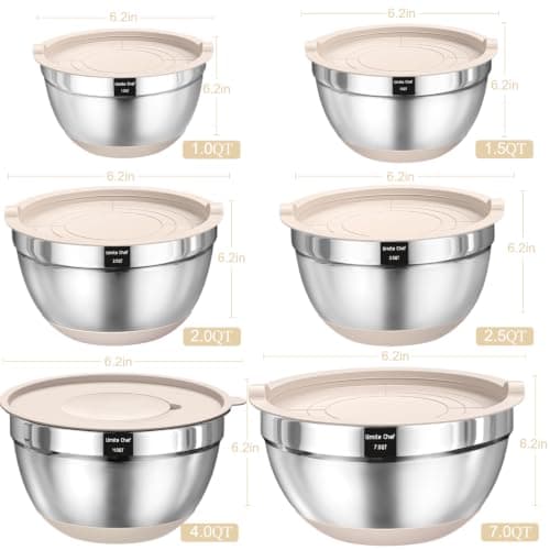 Mixing Bowls with Airtight Lids Set, 26PCS Stainless Steel Khaki Bowls with Grater Attachments, Non-Slip Bottoms & Kitchen Gadgets Set, Size 7, 4, 2.5, 2.0,1.5, 1QT, Great for Mixing & Serving