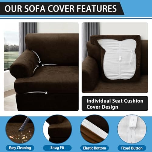 Pfrstuv 4-Piece T Couch Cover - Leather Look Slipcovers for 3 Cushion Sofa, Washable, Coffee