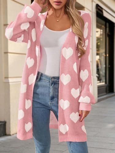 Soft Knit Long Sleeve Cardigans, Winter Fall Clothes, Dressy Casual Office Work Teacher Outfits Oversized Long Cardigan Sweaters for Women Cute Heart Fall Coats Outfits B0G574VFVG
