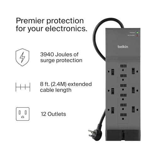 Belkin 12-Outlet Surge Protector Power Strip w/ 12 AC Outlets & 8ft Flat Plug, UL-listed Heavy-Duty Extension Cord for Home, Office, Travel, Computer, Laptop, Charger - 3,940 Joules of Protection