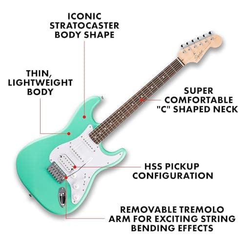 Fender Squier Debut Series Stratocaster HSS Electric Guitar, Beginner Guitar, 2-Year Warranty, Includes Free Lessons, Sea Foam Green with Satin Urethane Finish