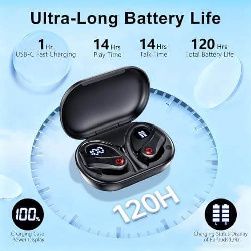 EUQQ True Wireless Earbuds, 2026 Sport Bluetooth 6.1 Headphones with Microphone 120H Playtime Dual LED Display Case, Noise Canceling Ear Buds with Easy Button Controls Sweat and Water Resistant Black