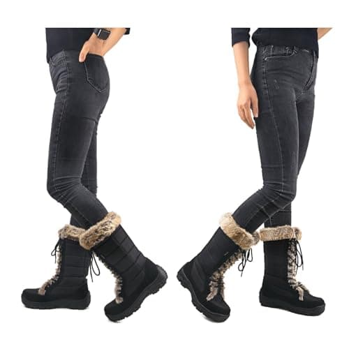 AUSLAND Women's Black Winter Snow Boots Twin Peaks Fur Cuff Mid-Calf Waterproof Lace Up Boots