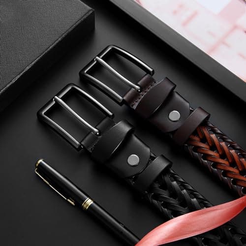 YOORAN Leather Braided Belts Men Golf Belt 1 3/8" Woven Belt Casual Jeans Gift Box