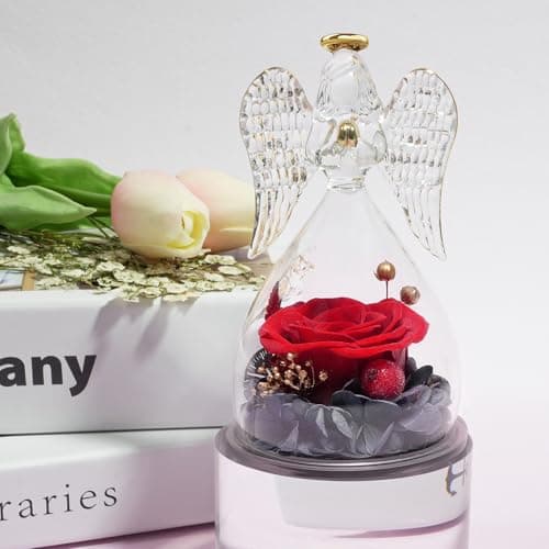 Miofula Preserved Flower Rose Birthday Gifts for Mom, Angel Figurines with Forever Real Rose Gifts for Her Mom Grandma, Unique Angels Gifts for Mothers Day Christmas Anniversary Birthday (Red)