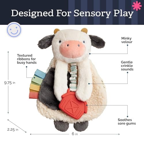 Baby Lovey With Soft Sherpa, Plush Minky, Silicone Teether, Crinkle Sounds, Textured Ribbons, and Interactive Dangle Arms Itzy Ritzy Lovey Including Teether, Teething Relief, 0 Months & Up (Cow) B0CQRVXT68