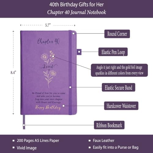 Hardcover Notebook Gold Foil 200 Pages A5 Lined, Birthday Gift for Turning 40 Year Old Woman Friends Mom Sister Daughter Wife 40th Birthday Gifts Women, Chapter 40 Birthday Gift Journal Purple for Her B0H7R85C9S