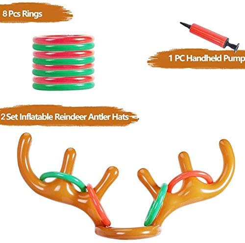 2PCS Christmas Party Toss Game Inflatable Reindeer Antler Hat with Rings for Kids Adults Family Xmas Fun Games(1 Pump，8 Rings, 2 Antlers)