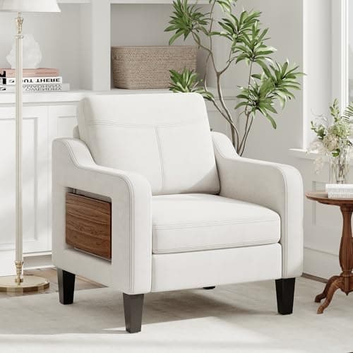Accent Chair for Living Room Modern Linen Upholstered Armchair Side Wooden Fabric Sofa Chair with Foldable Table 2 Side Pockets Comfy Reading Chair for Bedroom