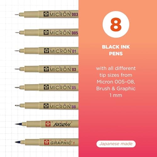 Sakura Pigma Micron, Graphic & Brush Fineline Pens, Archival Black Ink, 8 PK 30067