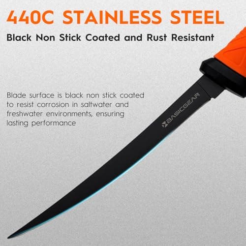 BasicGear Fishing Fillet Knife Set of 4 – 5”, 7”, 8”, 9” 440C Stainless Steel Knives with Non-Stick Blades, Sheaths, Sharpener, and Carry Bag – Deboning and Filleting Tools for All Fish Types