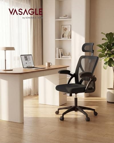 VASAGLE Ergonomic Mesh Office Chair with Adjustable Lumbar Support and Headrest, 90-105° Tilt Function, Wide Seat, Flip‑Up Armrests, Computer Desk Chair for Home Office, Ink Black UOBN044BH01S