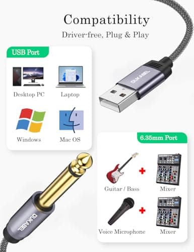 DUKABEL USB Guitar Cable, USB-A to 1/4 TS Cord for Guitar Recording, 8Feet/2.4Meter Instrument Mono Cord for Bass, Mixer, PC, Laptop(Donot Work with RockSmith)