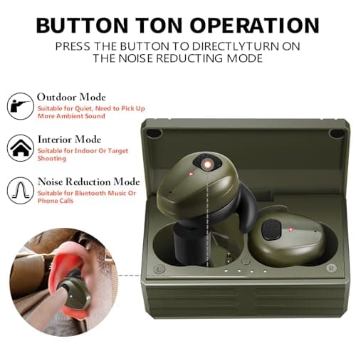 YHKEMA Electronic Shooting Earbuds - Ear Hearing Protection NRR 28dB Bluetooth 5.3 Noise Cancelling & Sound Amplification - Rechargeable Case for Hunting and Range(Green)