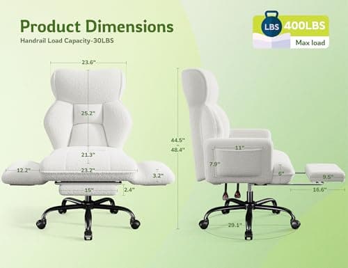DurayLoly Big and Tall Office Chair with Adjustable Arms and Back, Ergonomic Office Chair with Footrest and Comfortable Fabric for Home Office, Bedroom,White