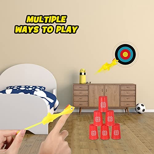 Chalyna 22 Pcs Flying Chicken Slingshot Rubber Finger Chicken Slingshot Include 16 Rubber Finger Toys 6 Dart Cups Funny Christmas Stuffers Novelty Gifts for Birthday Christmas Easter Party Favor