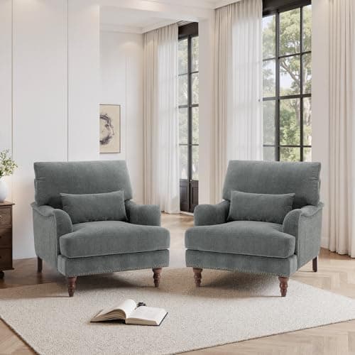 Accent Chairs Set of 2, Upholstered Roll Armchair for Living Room, Comfy Club Chair with Lumbar Pillow in Chenille Reading Chair for Bedroom Small Spaces-Gray
