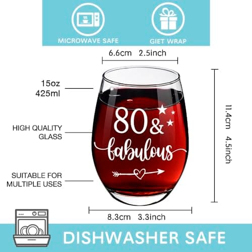 80th Birthday Gifts for Women Her - 80 Fabulous Wine Glass Turning 80 Years Old Gift, Unique Happy 80th Birthday Gifts for Her, Mom, Wife, Friends, Sister, Female, Coworker, Grandma, Aunt