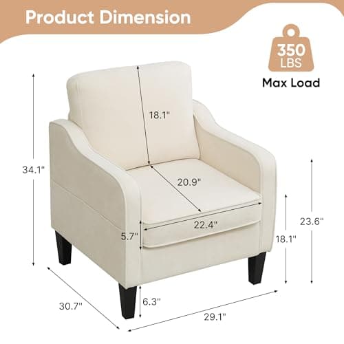 Accent Chair for Living Room, Mid Century Modern Reading Chair for Bedroom, Upholstered Armchair with Side Pockets, Comfy Single Sofa Side Chair for Office, Apartment, Small Room, Beige