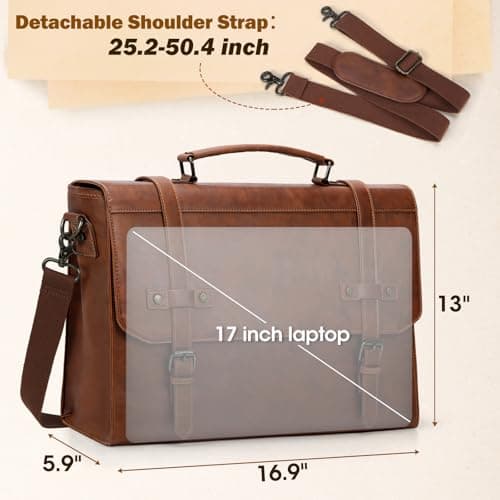 RAINSMORE Mens Messenger Bag 17 Inch Waterproof Vintage Leather Laptop Briefcase Large Laptop Bag Satchel Bag Computer Shoulder Bag for Office Business Travel College,Brown