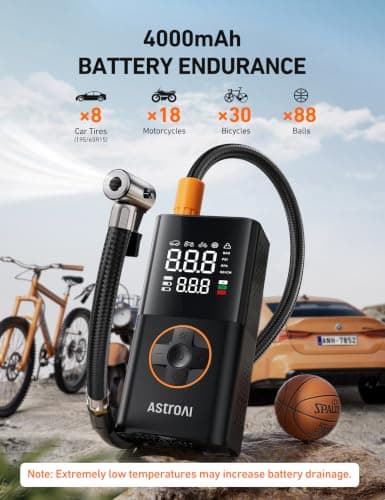 For Car Tires, Bikes, Motorcycles and Balls; Auto Shut-off, Digital Display Pressure Gauge, Fast Inflation, LED Light AstroAI L7 Tire Inflator Portable Air Compressor,150 PSI Cordless Bike Pump B0CS3B7MD8