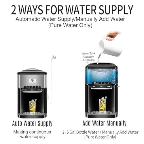 NUNET 3 - in - 1 Ice Maker, Water Dispenser & Water Cooler - Water Line Fill w/ 10ft Hose (1/2" & 1/4" Connector) - Hot/Cold Water - 44 lbs Ice Daily, 4lb Ice Storage
