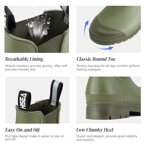 HISEA Women's Short Rain Boots Fashion Waterproof Chelsea Boots Ankle Garden Shoes for Ladies Non Slip Outdoor Work Booties Lightweight Rubber Rainboots with Comfort Insole