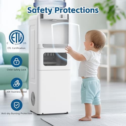 4 in 1 Water Cooler Dispenser with Ice Maker, Hot & Cold Water Dispenser for Home & Office, 33lbs/24H Bullet Ice, Top Loading 3-5 Gallon, Child Safety Lock, Ice Ready in 7 Mins (White)